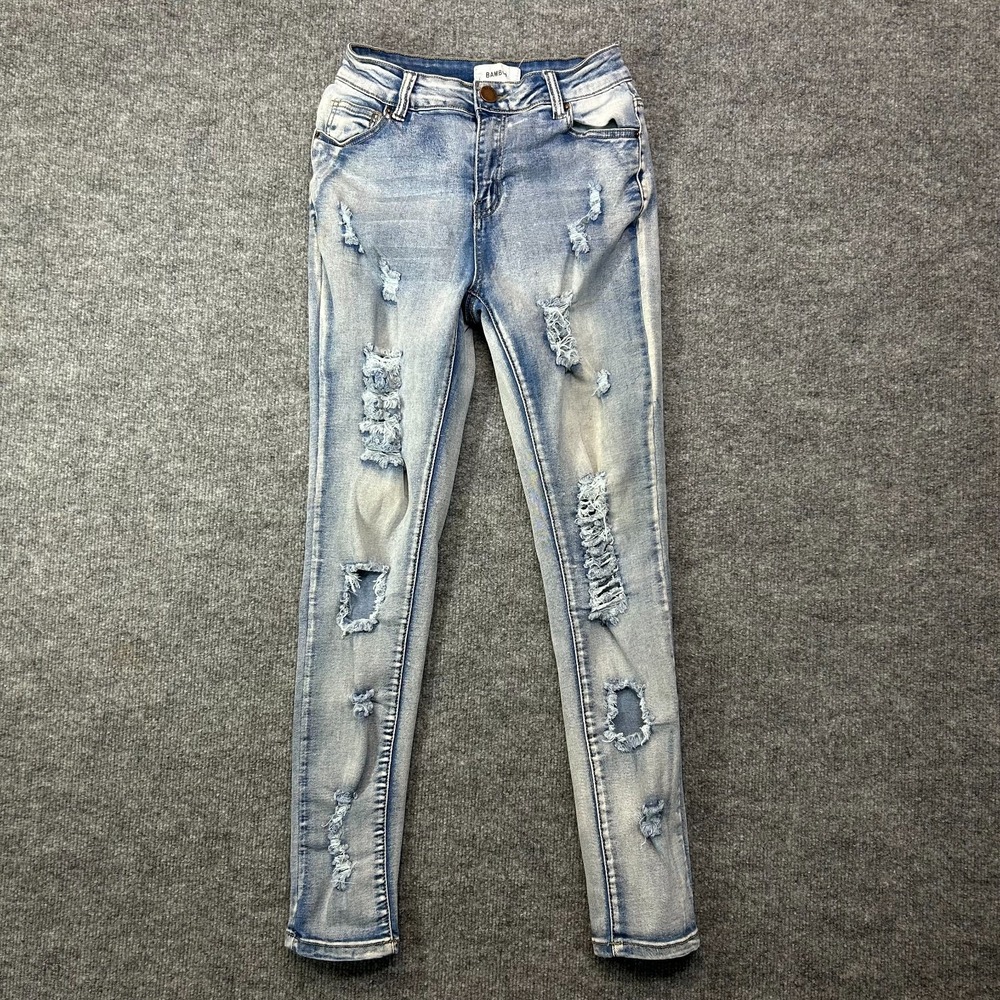 Bamboo Skinny Jeans Womens Blue Denim Distressed Pockets Classic Zip Fly - 26X27